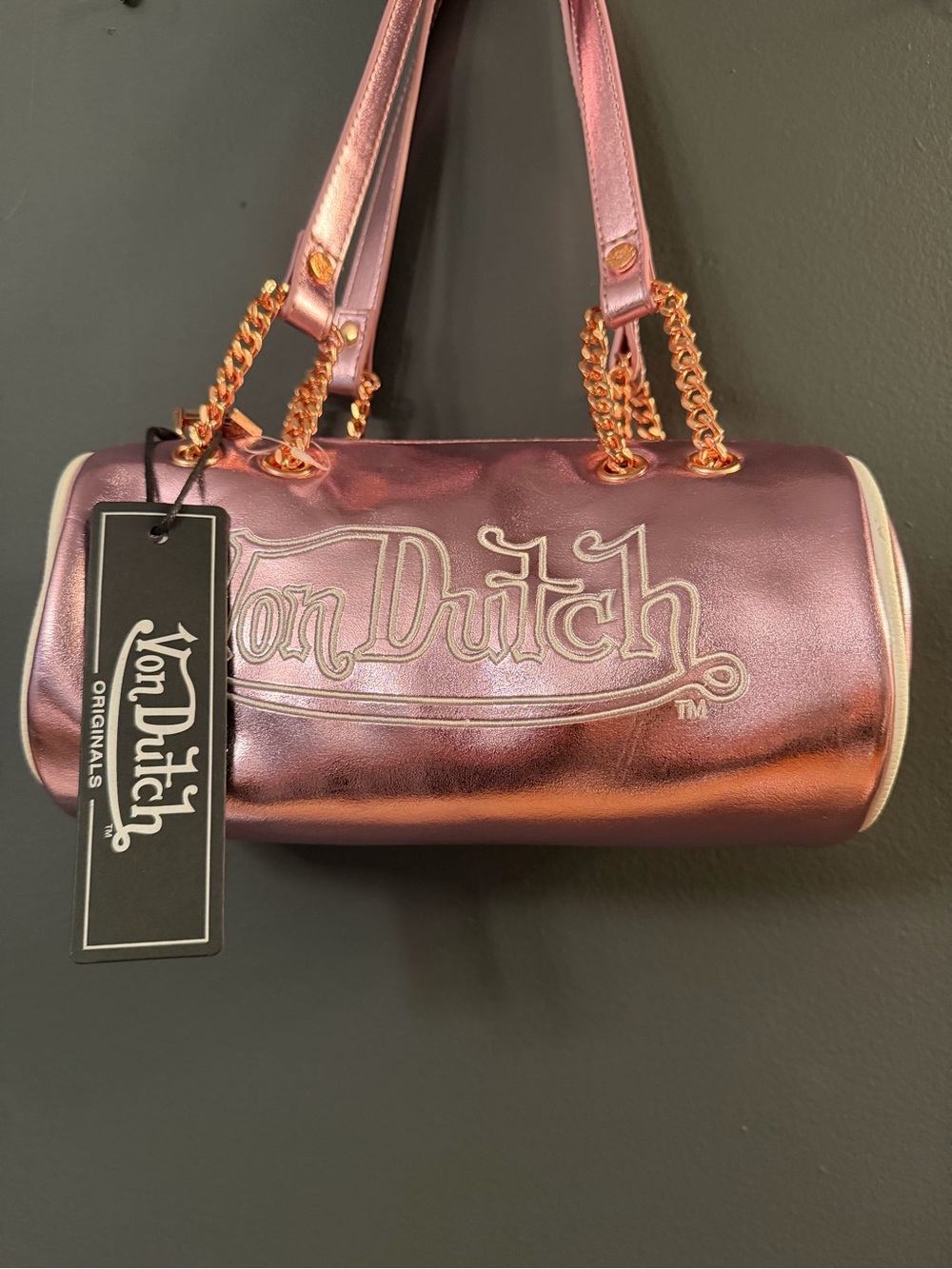 Von Dutch Metallic Rose Pink Barrel Shoulder Bag with Gold Chains